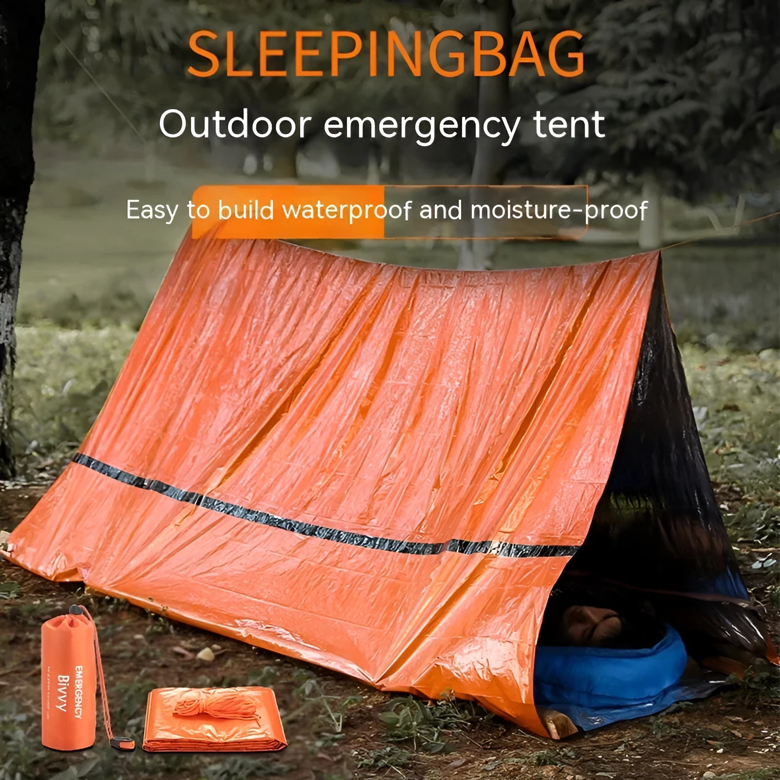 Orange and green emergency tent, sleeping bag, and raincoat kit for outdoor survival.