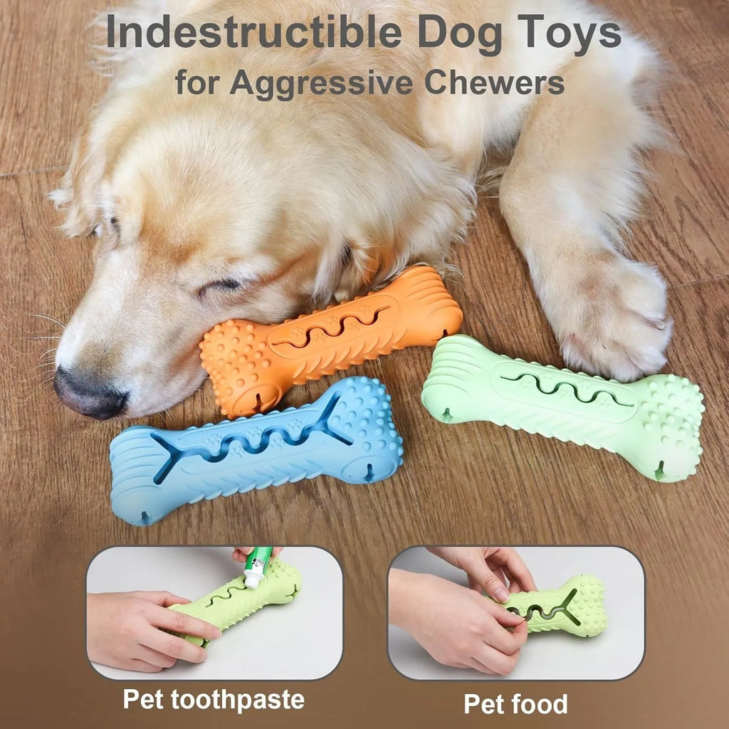 Blue, green and orange natural rubber bone-shaped dog chew toy for aggressive chewers