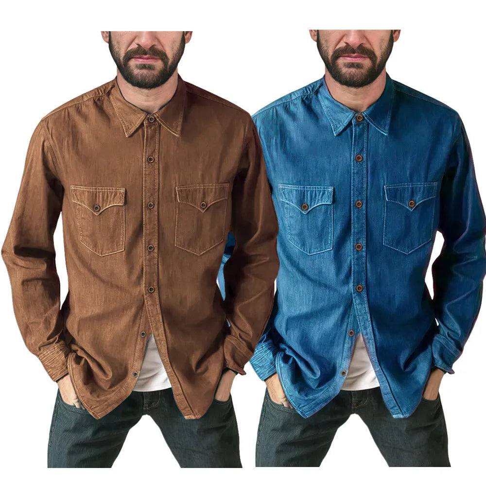 A khaki-coloured cotton denim cardigan coat with long sleeves on a hanger.