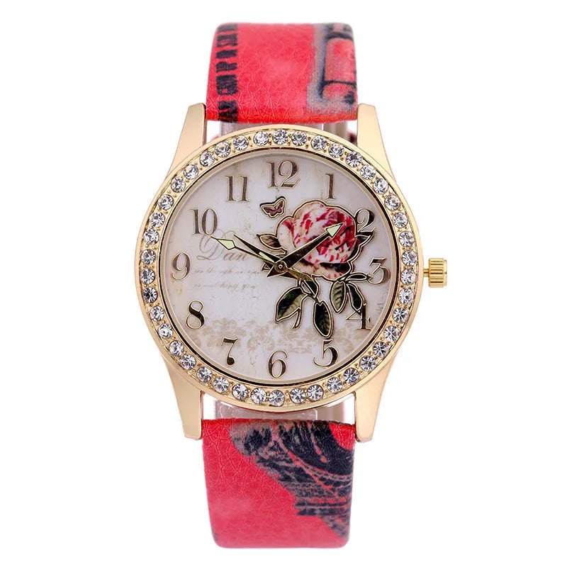 Diamond-inlaid gold case rose pattern fashion quartz watch with 38mm round dial and stainless steel buckle