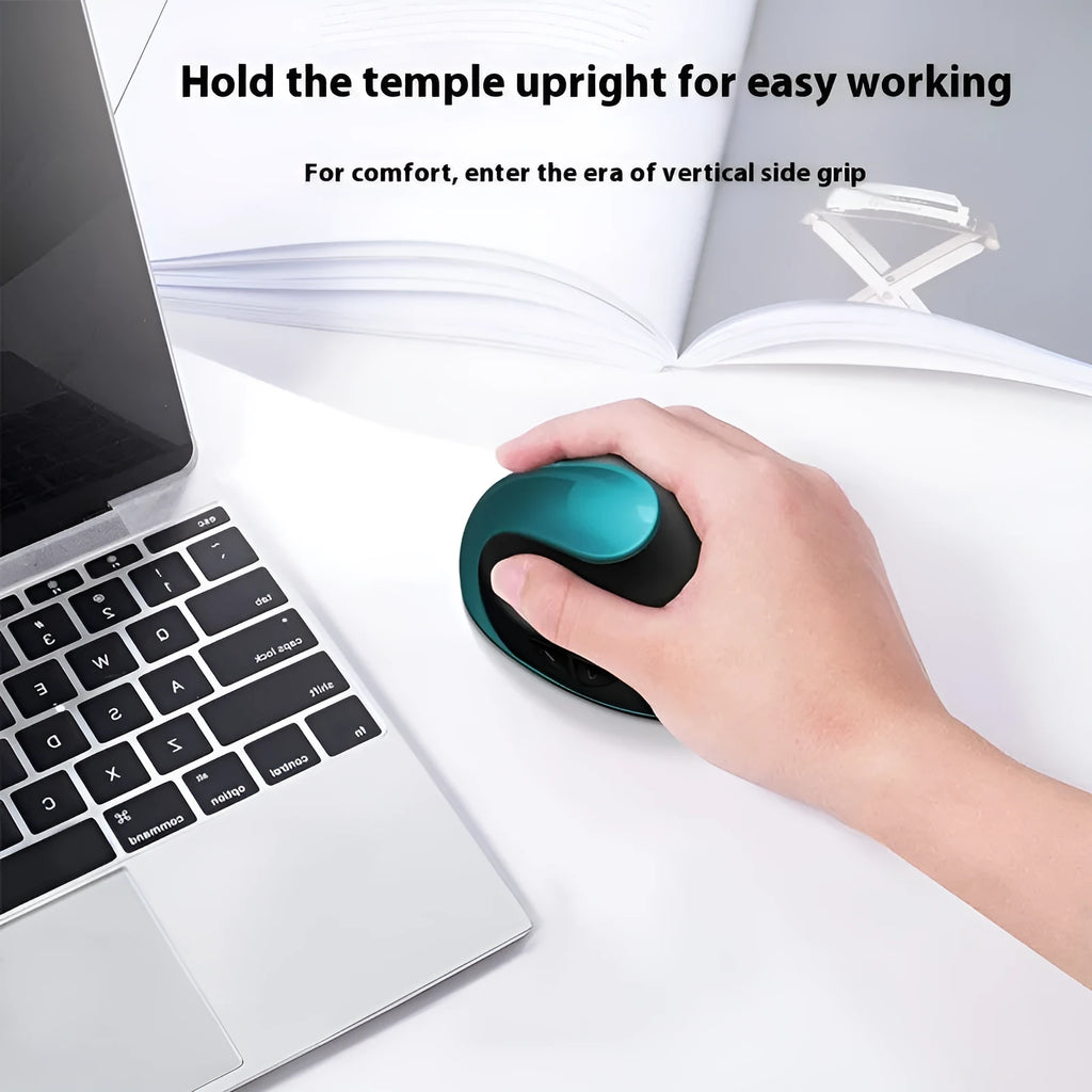 Vertical ergonomic computer mouse in various colours, shown next to a laptop.