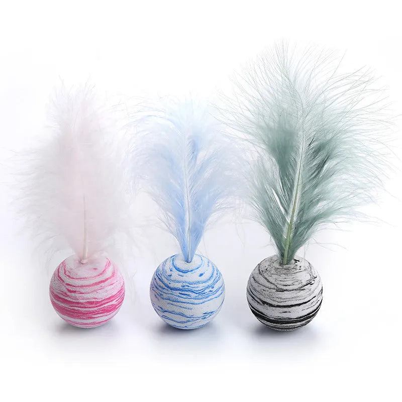 Star texture EVA foam cat ball with feathers in Black, Blue, and Pink colour options