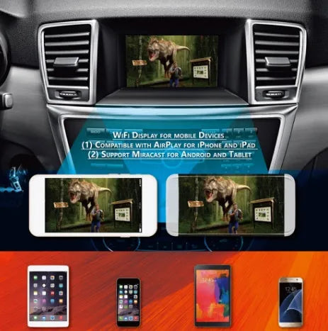 Black car Wi-Fi mirror box with antenna, power cable, and AV cable for smartphone to car screen display