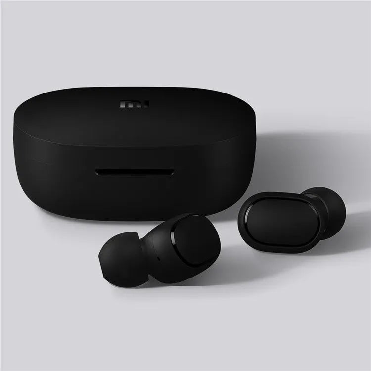 Redmi AirDots black true wireless Bluetooth headphones and charging case.