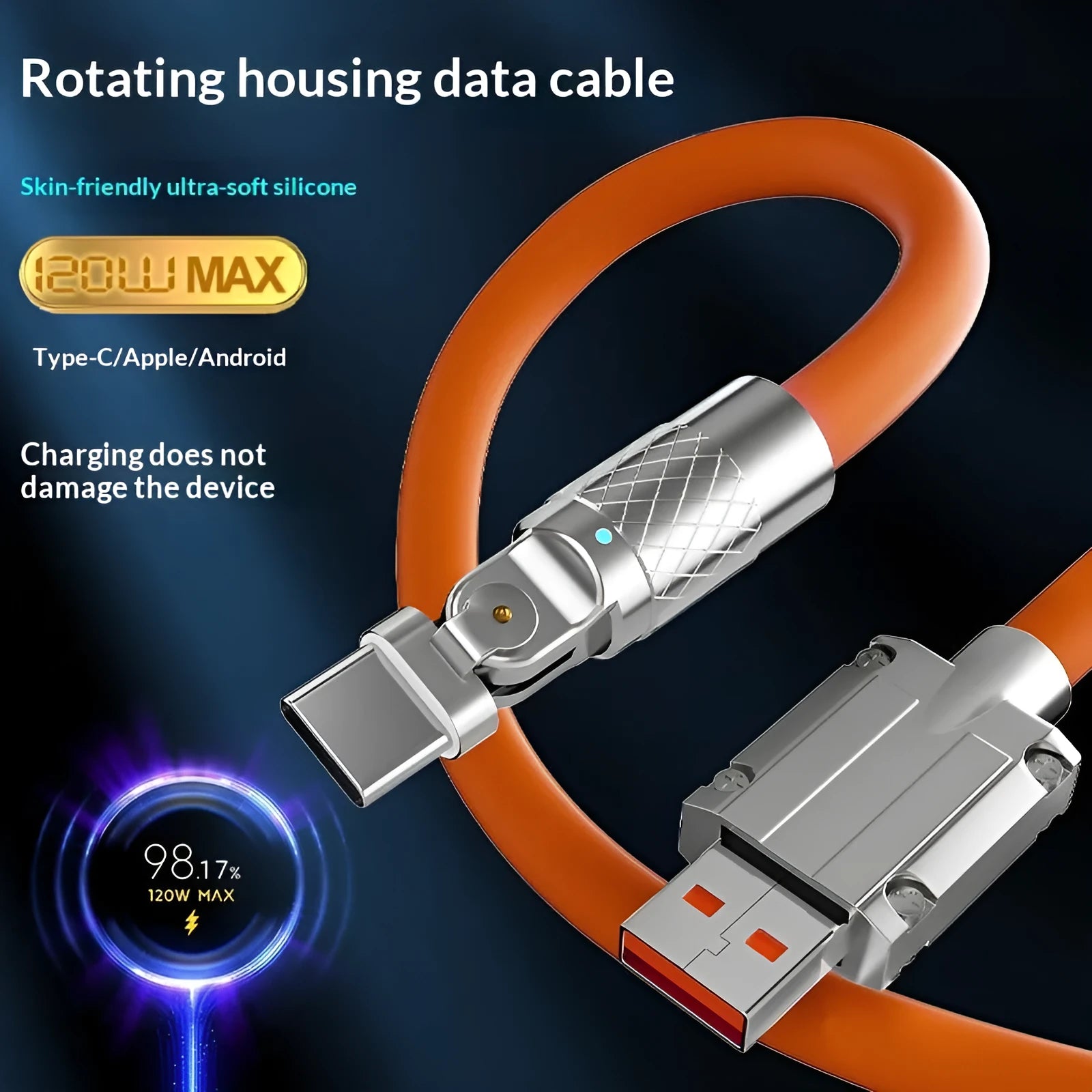 Mecha Elbow 180 Rotating Data Cable with zinc alloy connector in orange, 2m length