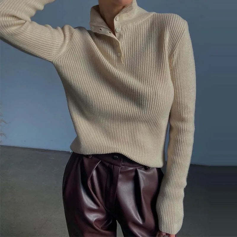 Women's retro half turtleneck pullover sweater with single-breasted placket in cotton-spandex blend fabric