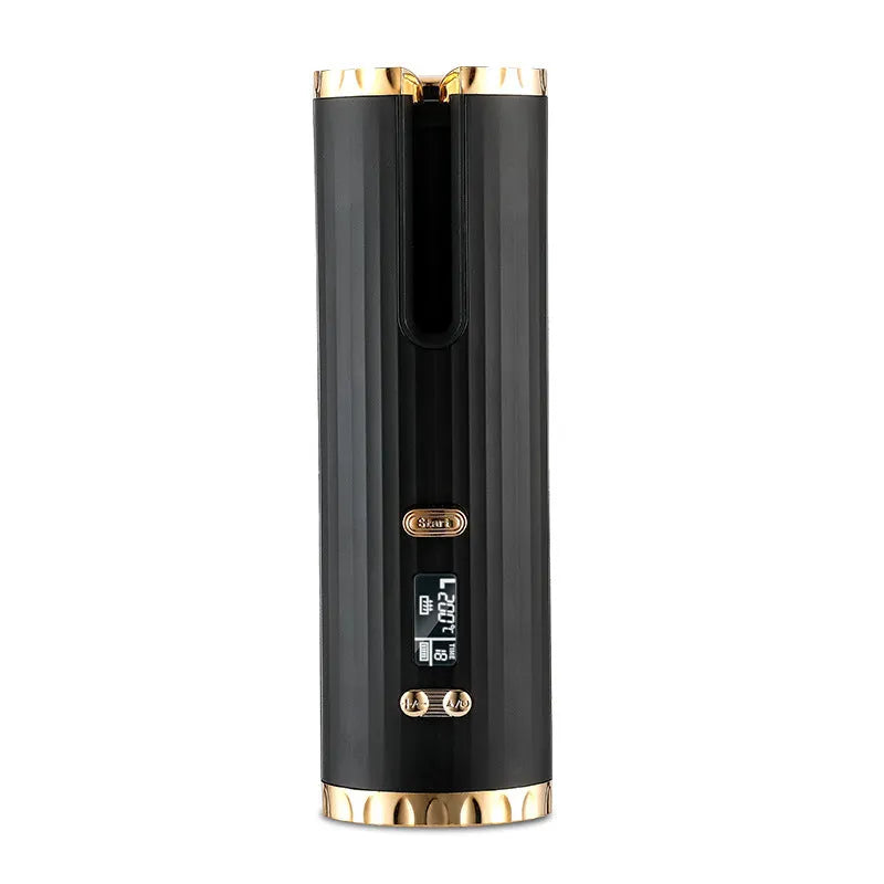 Black rechargeable automatic hair curler with LCD display and ceramic tourmaline curling barrel.