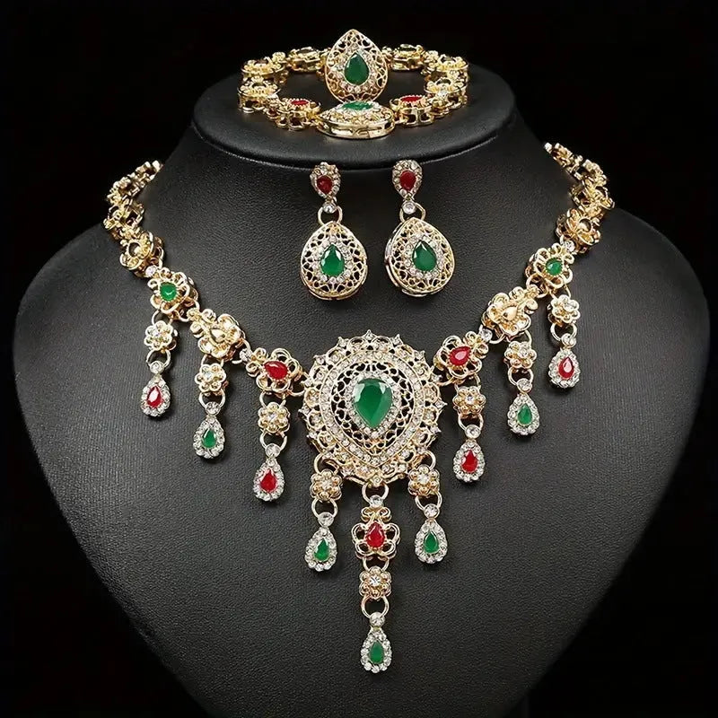 Gold alloy 4-piece jewellery set with bubble and sphere design – earrings, necklace, ring, and bracelet