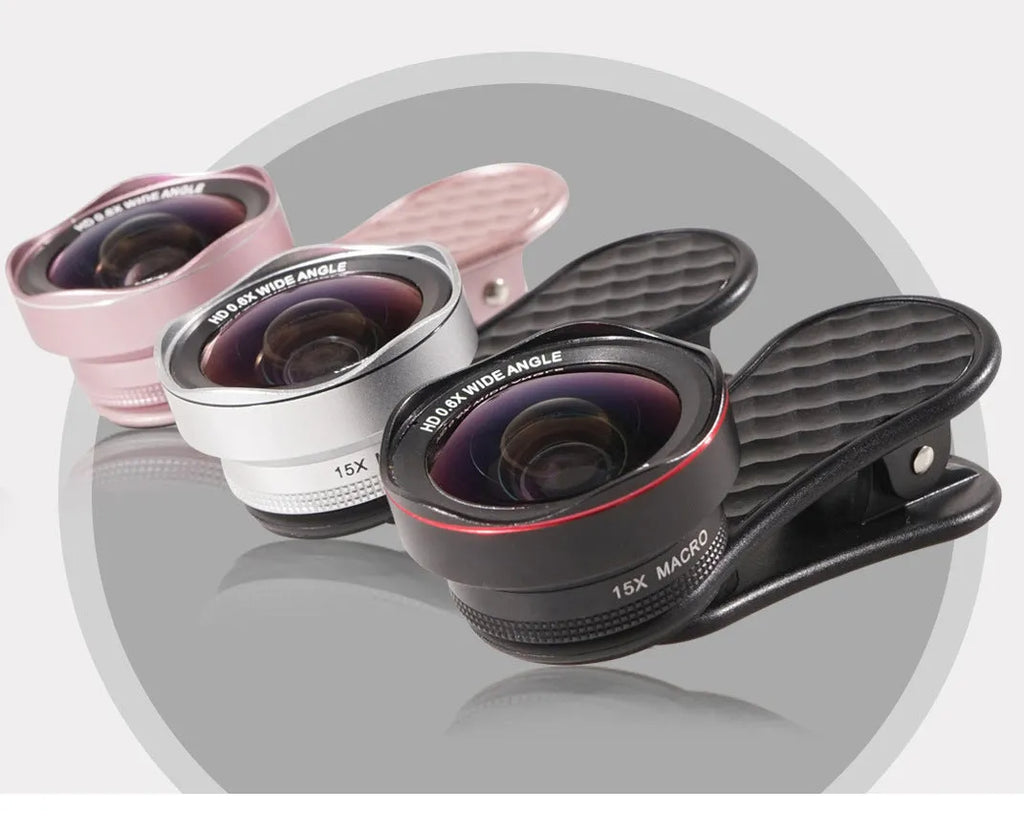 Black Silver Rose Gold mobile phone wide-angle and macro external camera lenses with clip and storage box