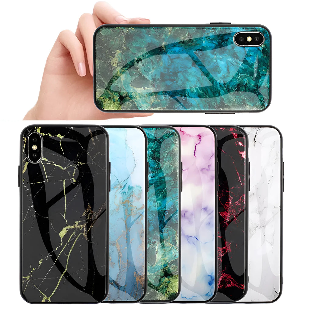 Clear marbled glass design Huawei phone case with cartoon pattern on a table.