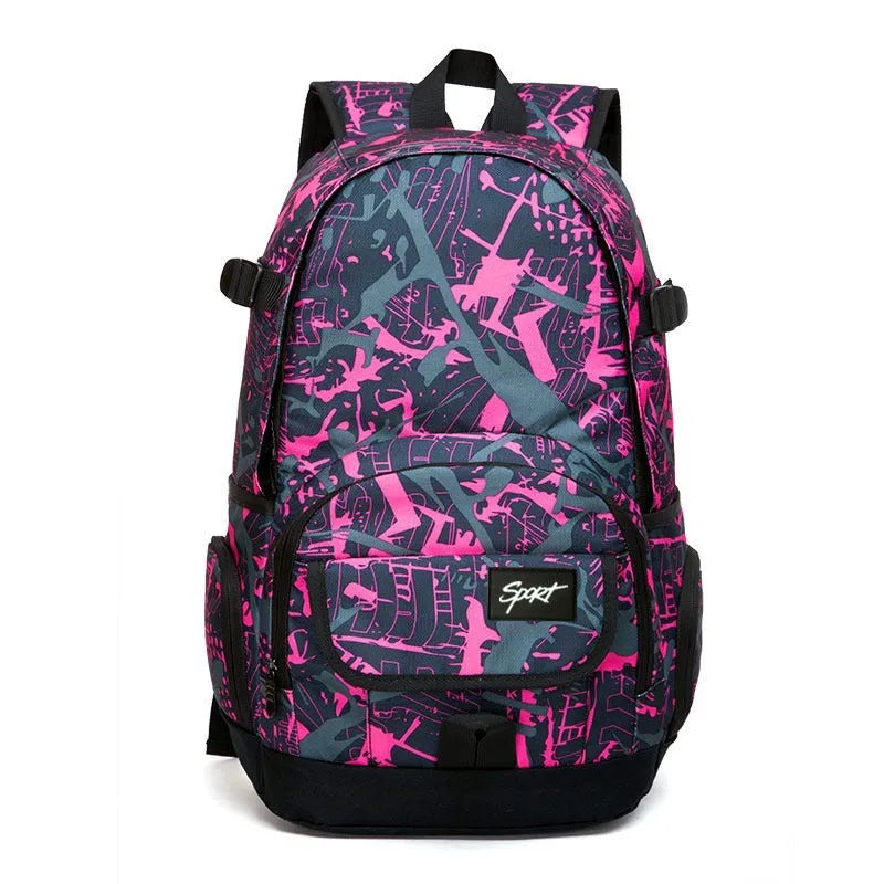 Blue classic nylon large capacity backpack shown upright, with a red colour option available.