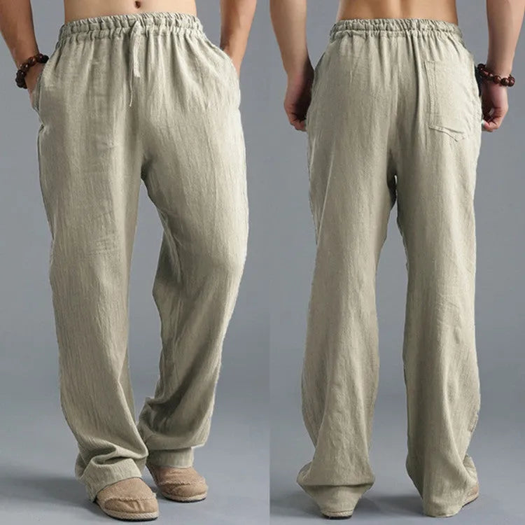 Men's linen loose casual sports pants in khaki, side view, on a hanger
