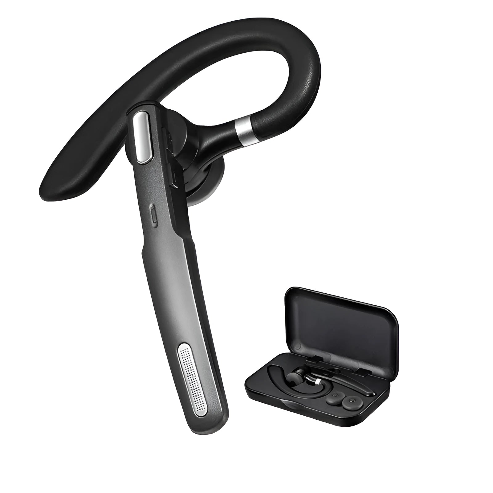 Black mono Bluetooth headset with over-ear hook for hanging-ear wearing style