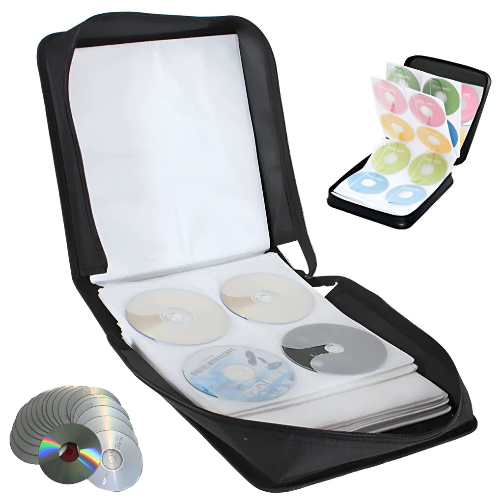Black Oxford cloth CD DVD storage binder with zipper and top carry strap
