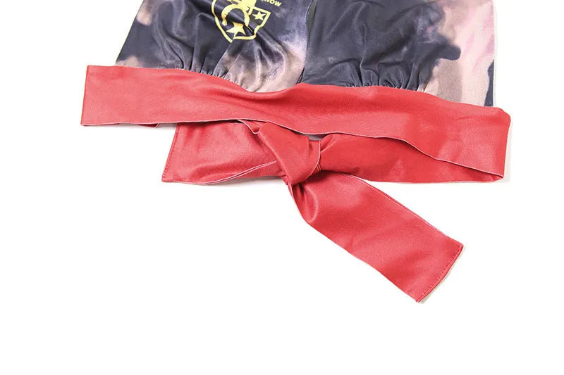 Red women's high waist bikini shorts set with 3D printed pattern, shown on a hanger.
