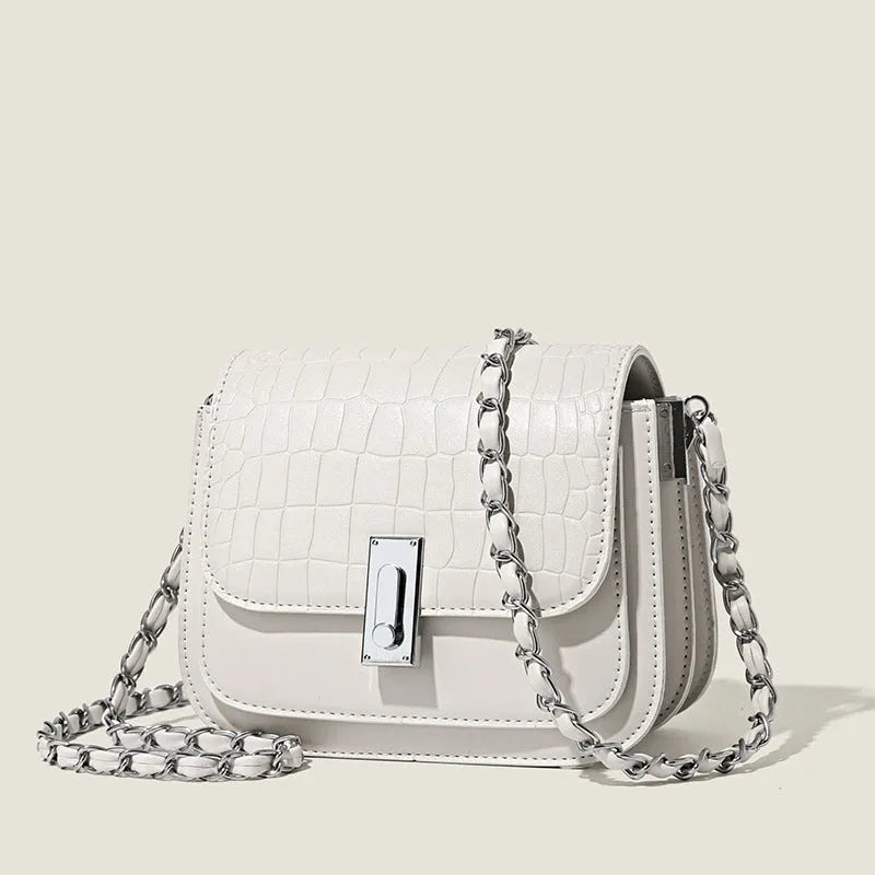 A soft black PU leather women's chain shoulder bag with a square shape and sandwich pocket design.