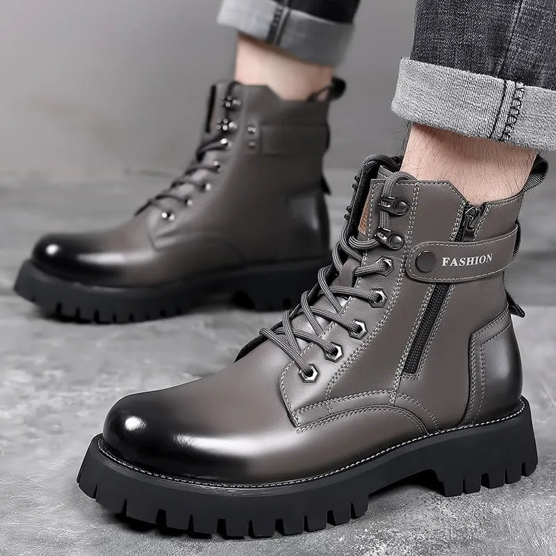 Men's light brown leather high-top boots with side zipper and thick rubber sole.