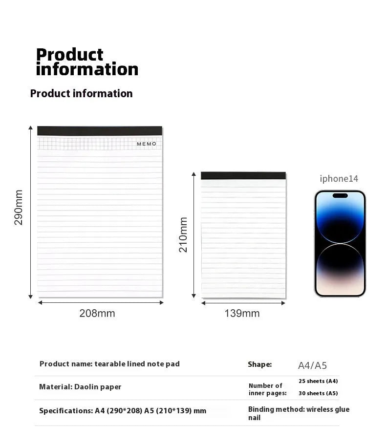 A4 tearable notebook with grid-lined paper and wireless adhesive binding