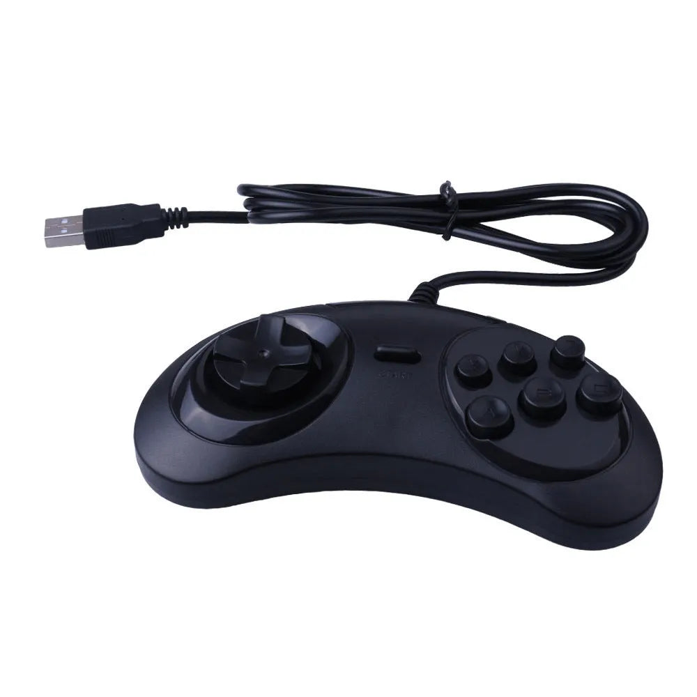 Black Sega USB PC game controller with 1.8 metre cable showing dimensions 15.5 x 8.5 x 2.5 cm