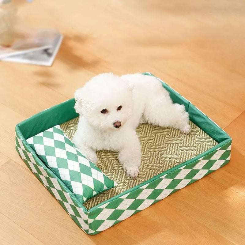 Blue rattan cat litter mat serving as dual-purpose pet bed and litter containment area