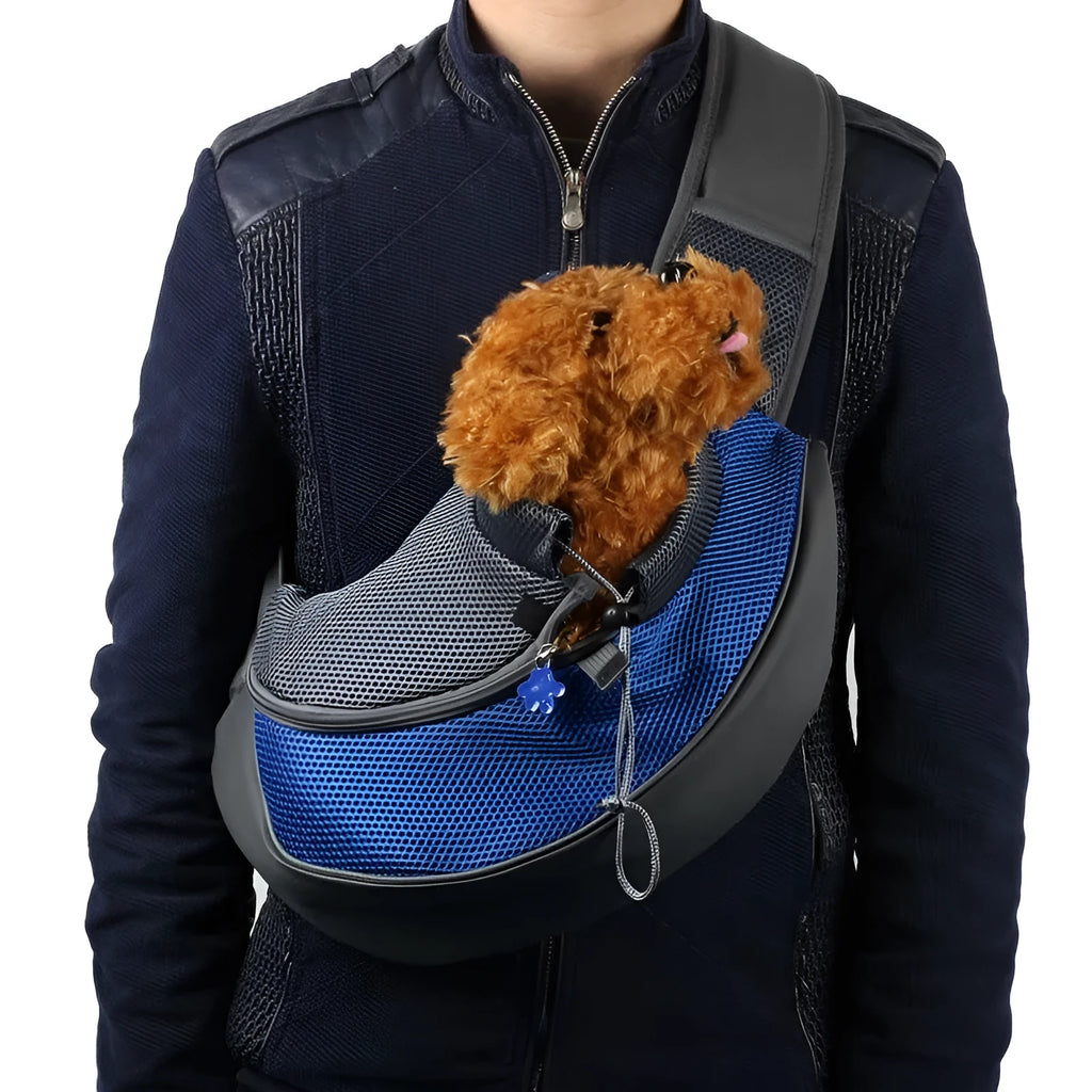 Polyester pet backpack carrier for a small dog, showing clear PVC front panel and adjustable shoulder straps.