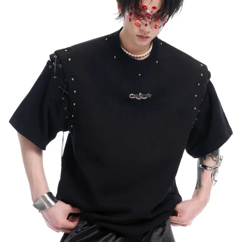 Women's black short sleeve t-shirt with white lace-up cutout detail on front.