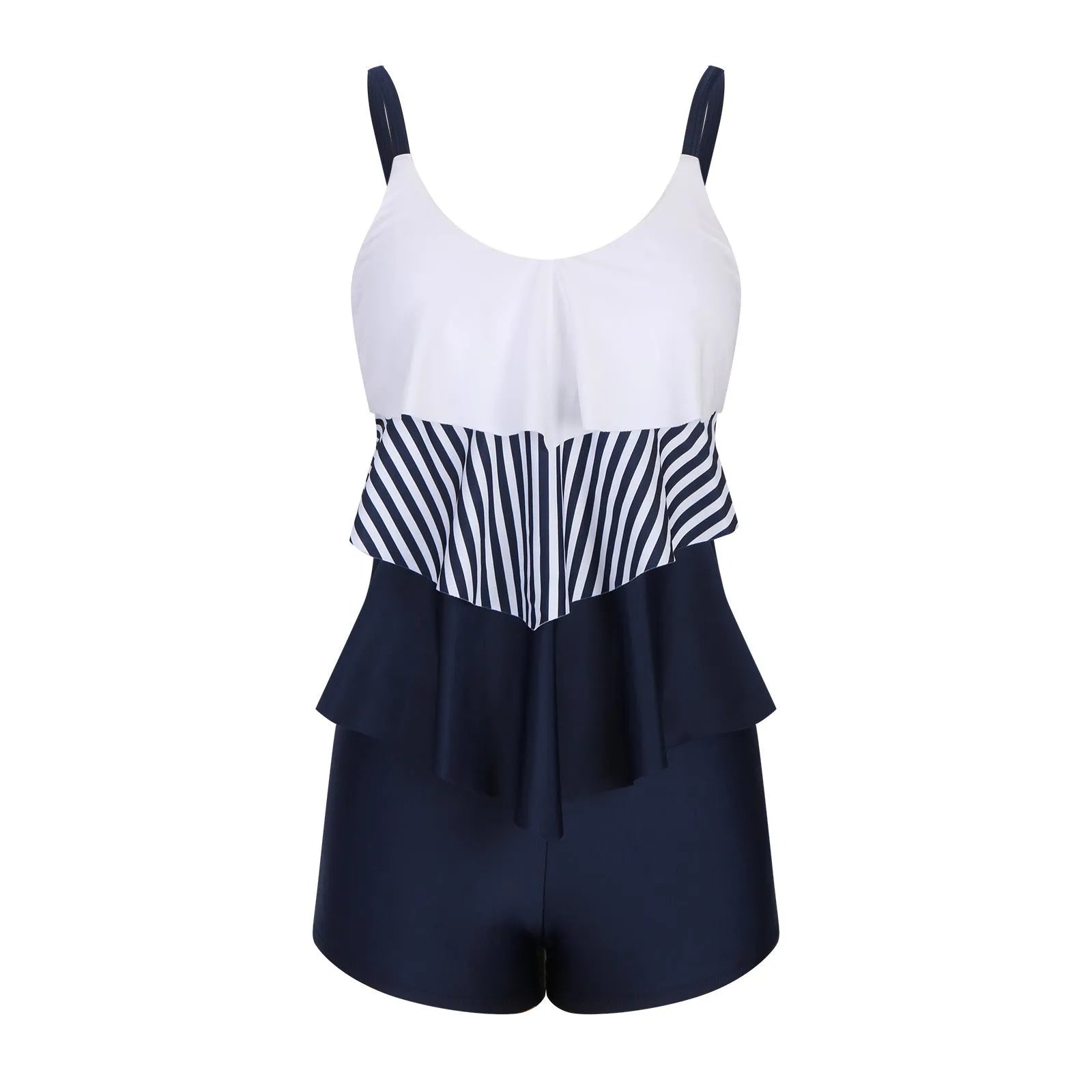 Ladies striped boyshort swimsuit with split leg design in polyester fabric