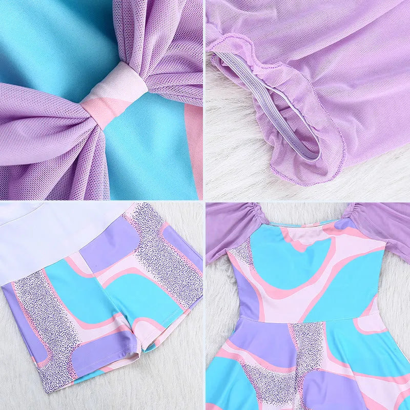 Women's floral high-waist one-piece swimsuit in light purple and light blue patterns