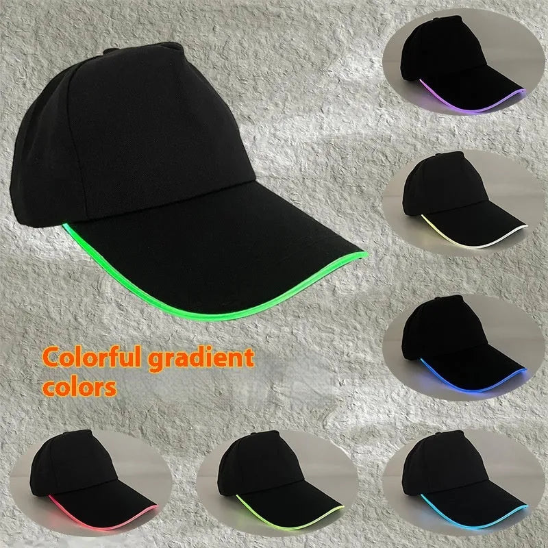 Black Halloween baseball cap with LED pumpkin smile face and yellow lights illuminated.
