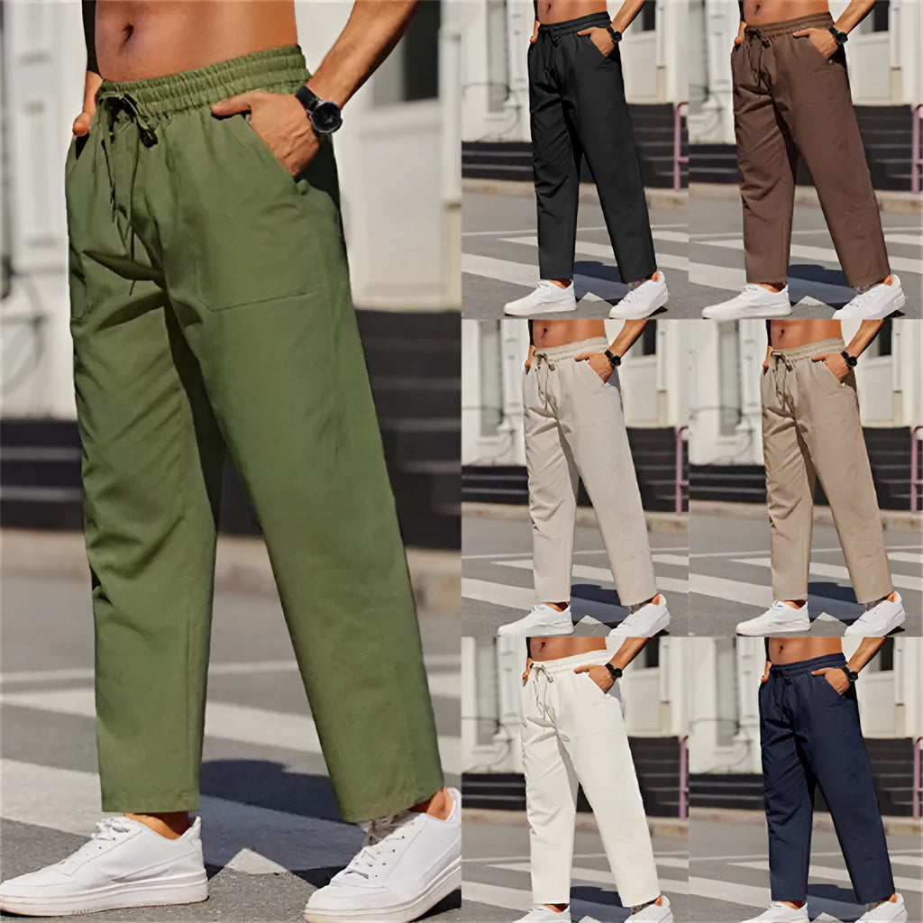 Men's straight-leg linen trousers with elastic waistband in seven colour options