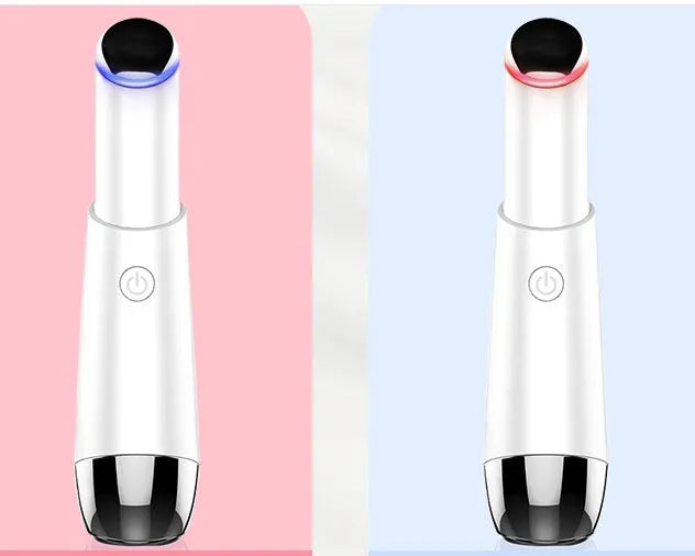 Mini electric eye massager pen in pink and white with vibration and heat for dark circles removal
