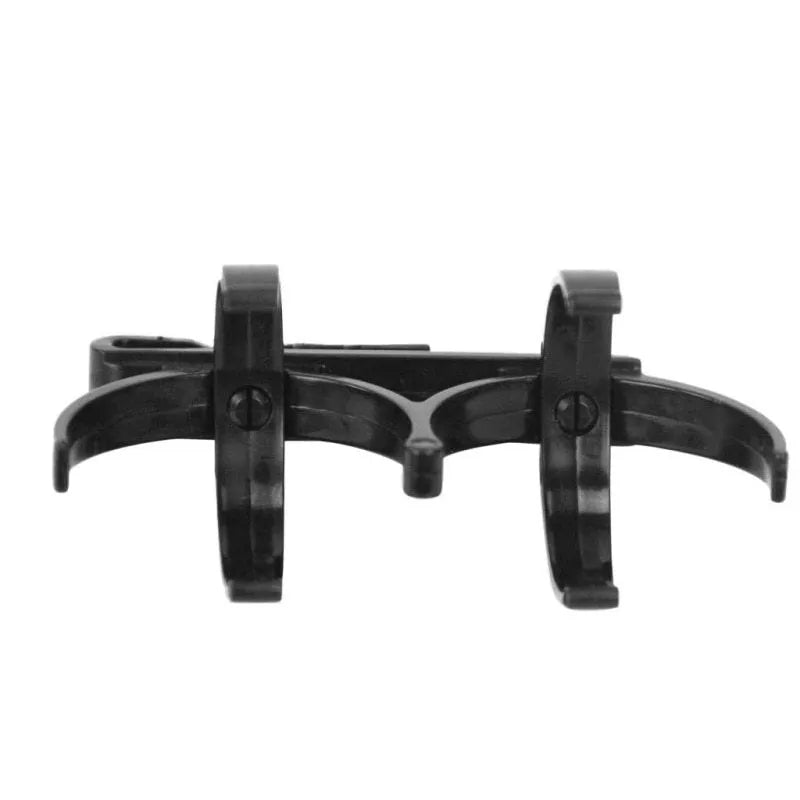 Black plastic golf ball holder clip for belt or bag, holds two golf balls, approx 8 x 4.2 x 1cm