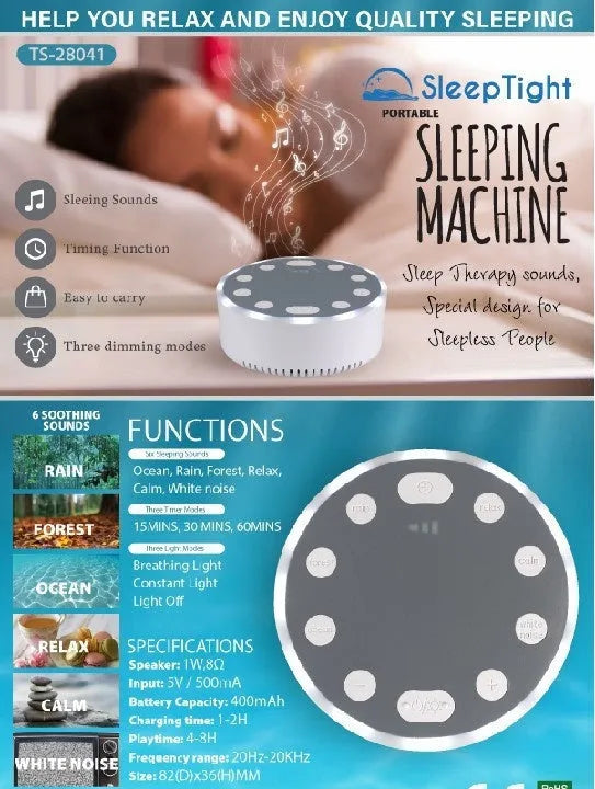 White noise sleeping aid instrument with breathing light in white colour, 80x100mm size, rechargeable sleep monitor