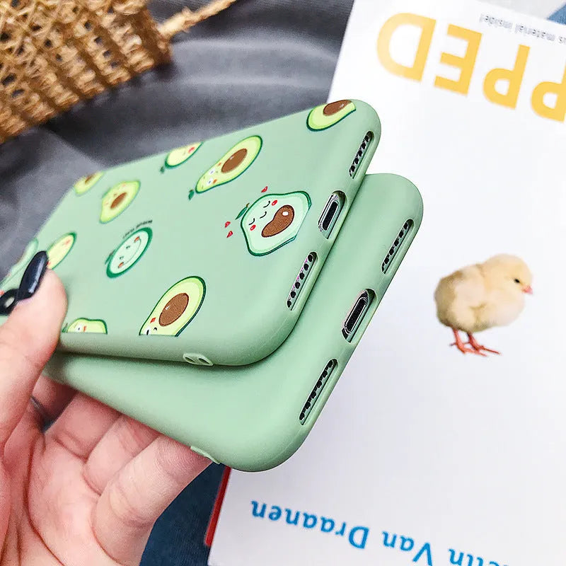 Green cartoon avocado design on a black TPU phone case for Apple iPhone.