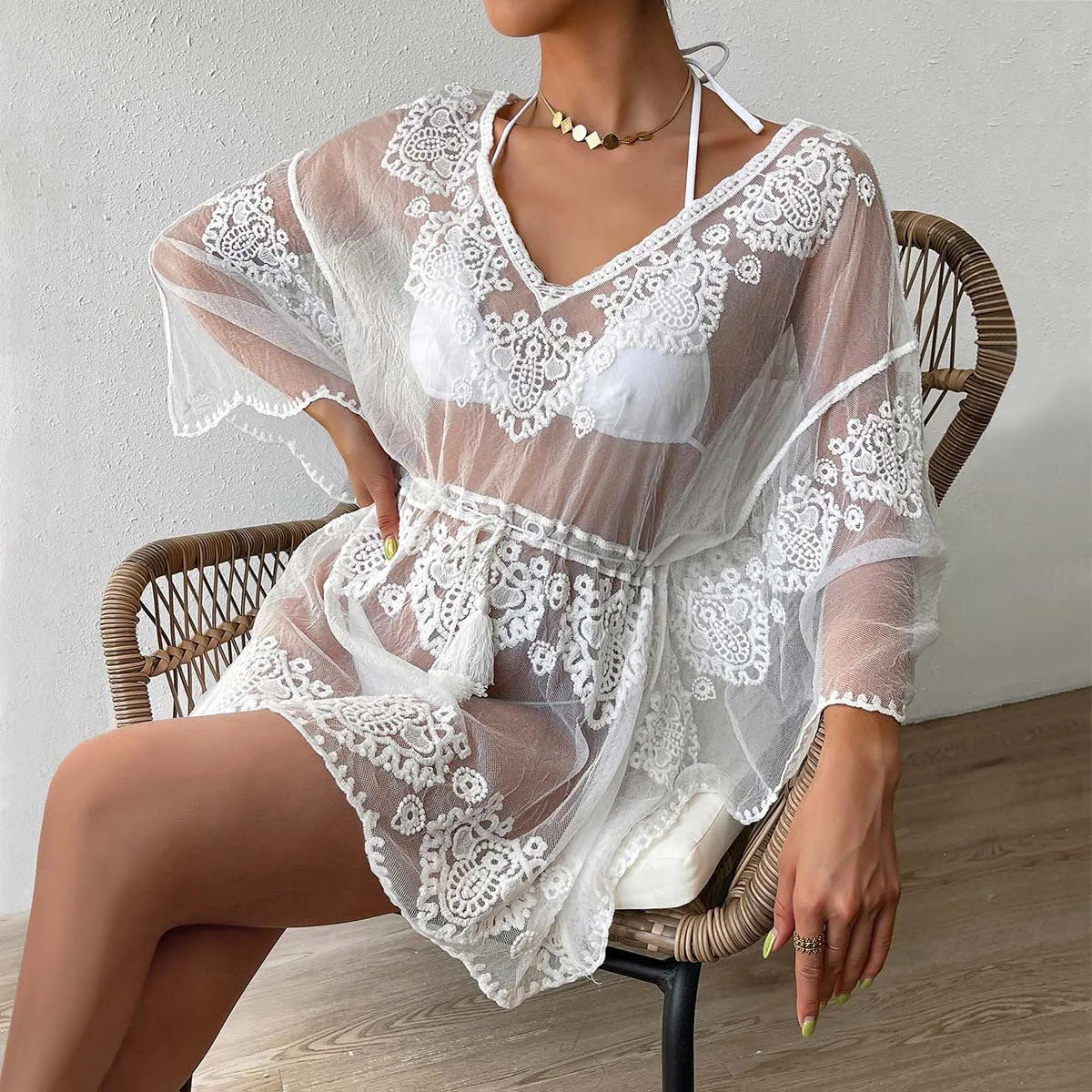 White water soluble beach blouse with acrylic lining for swimming protection