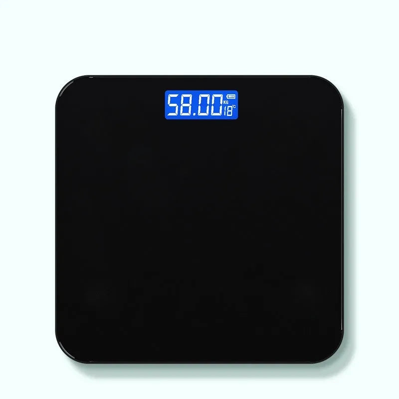 USB rechargeable electronic body weight scale in cross black, rose red, or white.