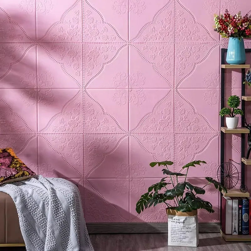 Light blue self-adhesive foam wall sticker with a three-dimensional plants and flowers pattern, shown at 70cm by 70cm.