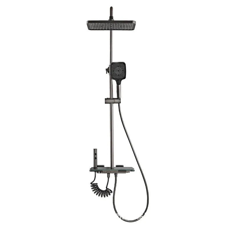 Aluminium digital display shower head set in white or grey with temperature control.