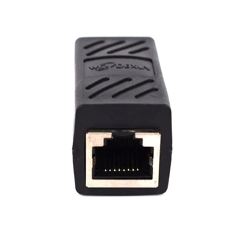Black RJ45 network cable extender adapter for Ethernet patch cable connections