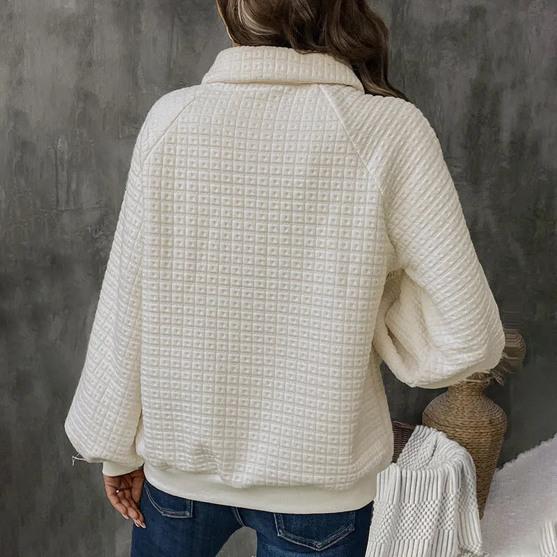 Women's textured polo collar thickened sweater in solid milky white colour