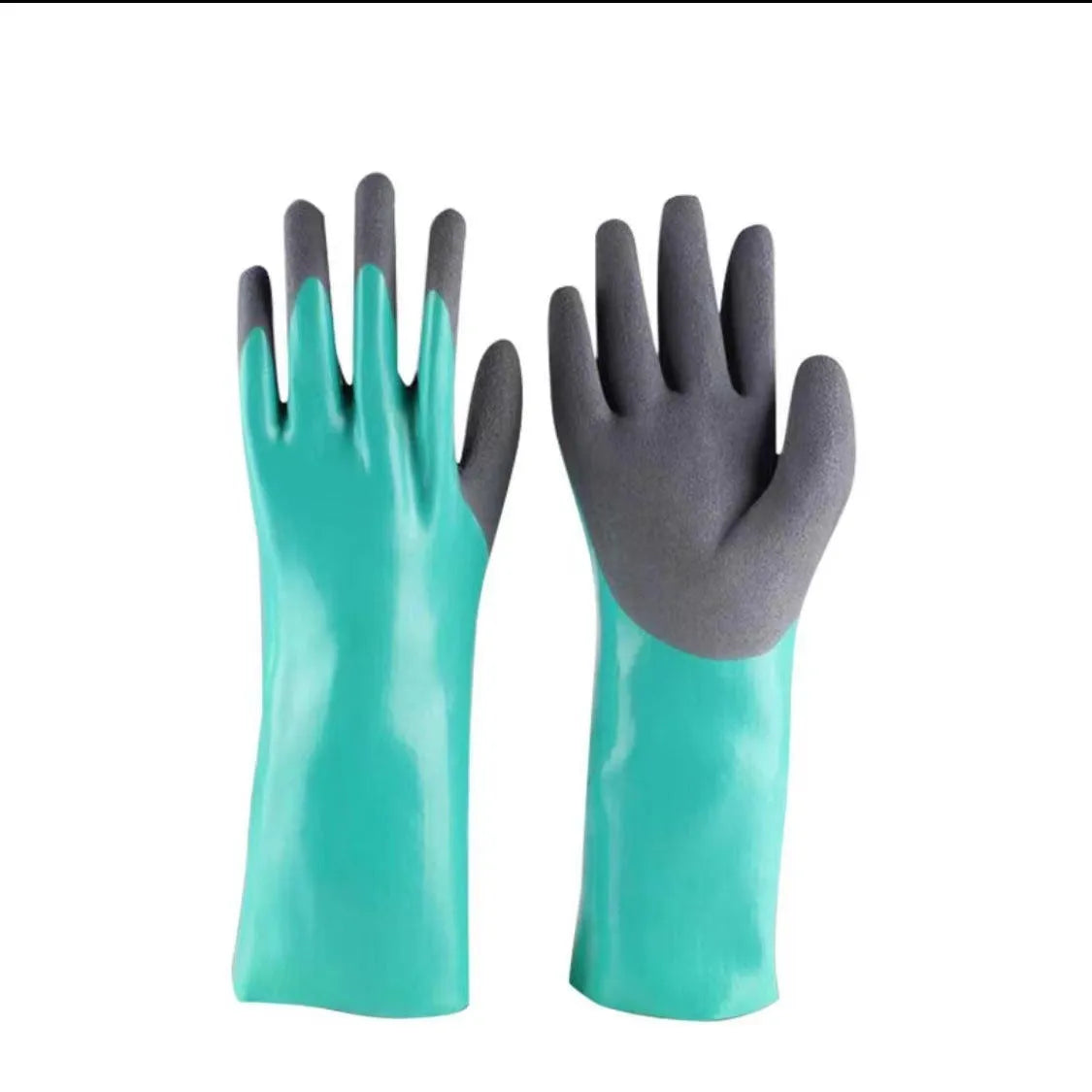 Navy blue nitrile waterproof gloves for fishing, shown in short and lengthened versions
