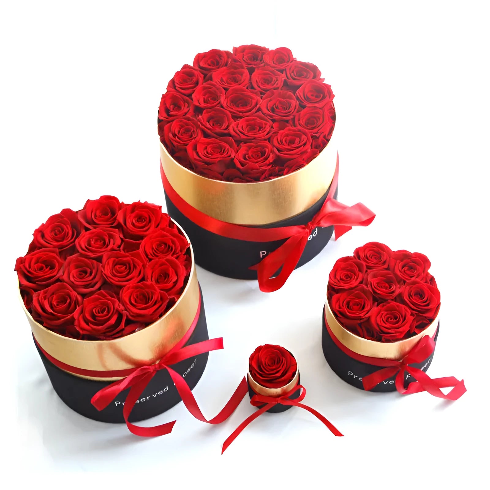 Boxed set of preserved red eternal roses in a luxury gift box for Valentine's Day.