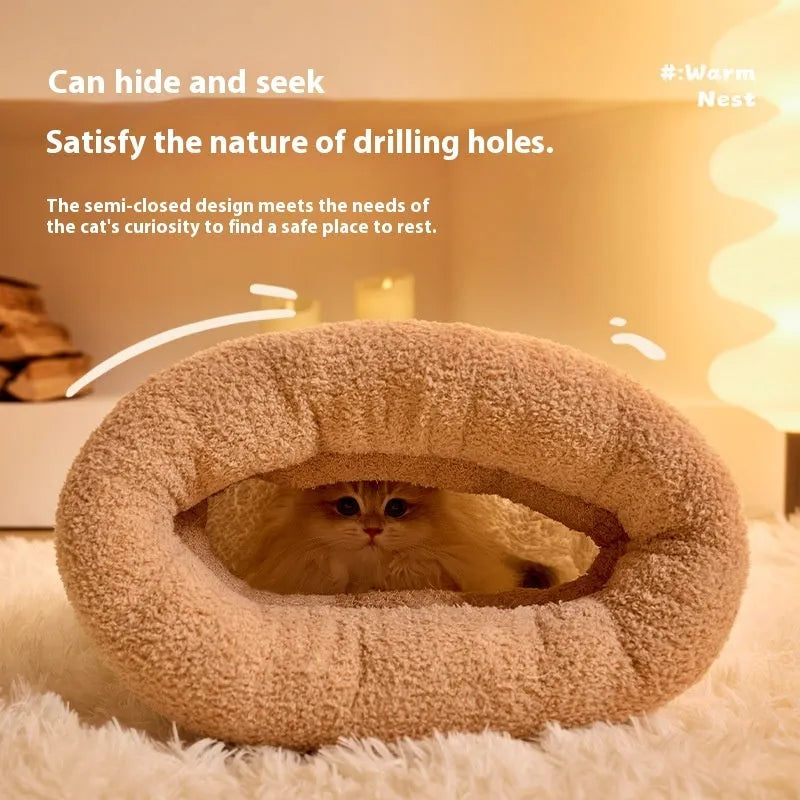 Brown semi-enclosed pet sleeping bag with plush lining for cats and dogs on wooden floor