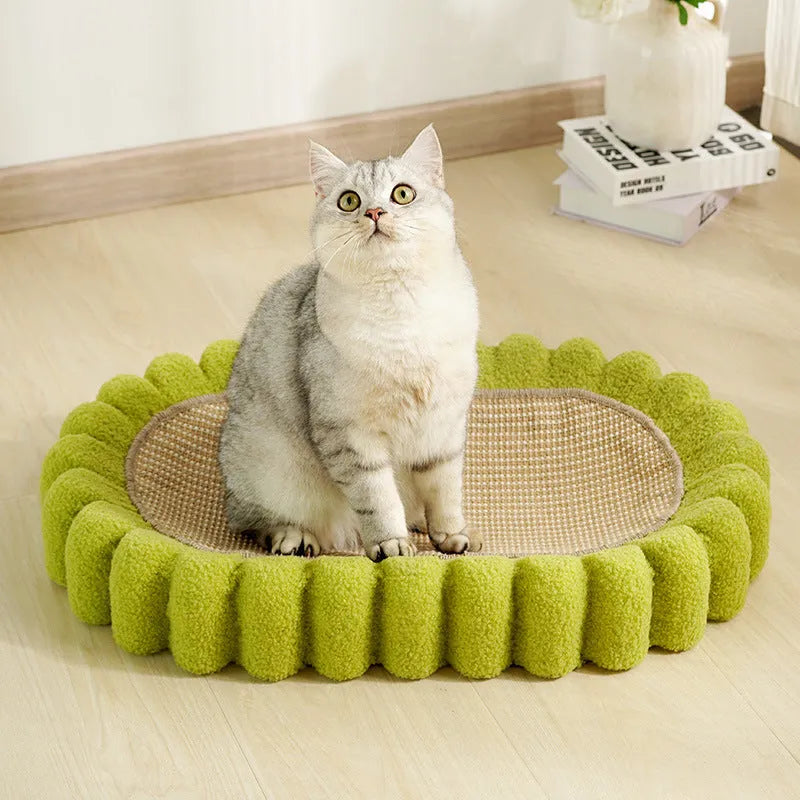 Green oval cat scratch pad bowl with sisal scratching surface and built-in cat bed