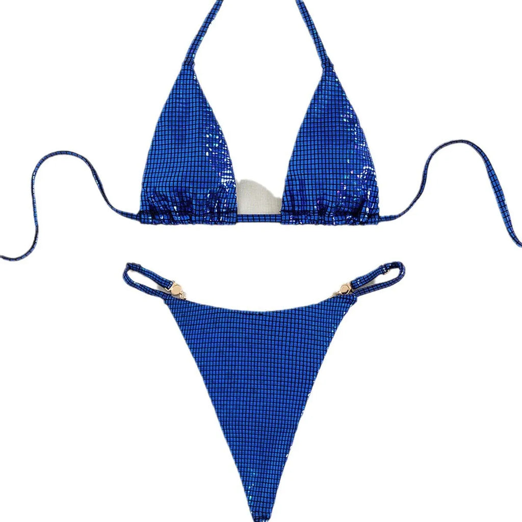 Women's solid colour T-back split bikini in blue, rose red or gold