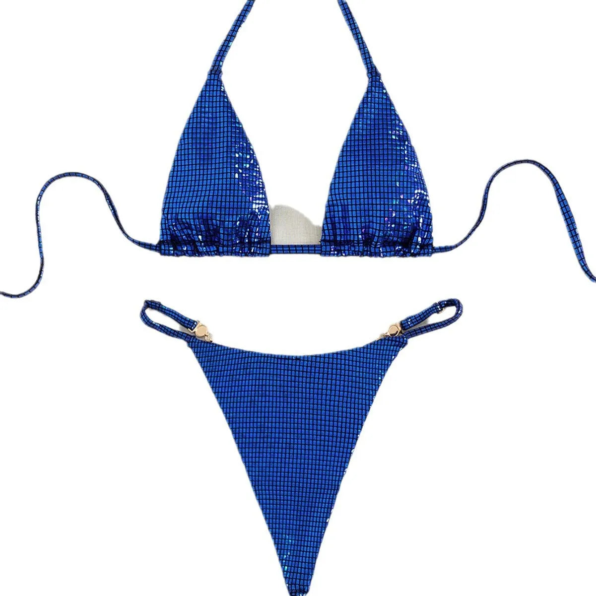 Women's solid colour T-back split bikini in blue, rose red or gold