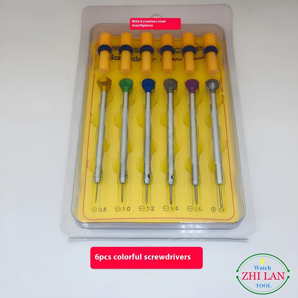 Six colour-coded watch repair screwdrivers with aluminium suits and copper handles