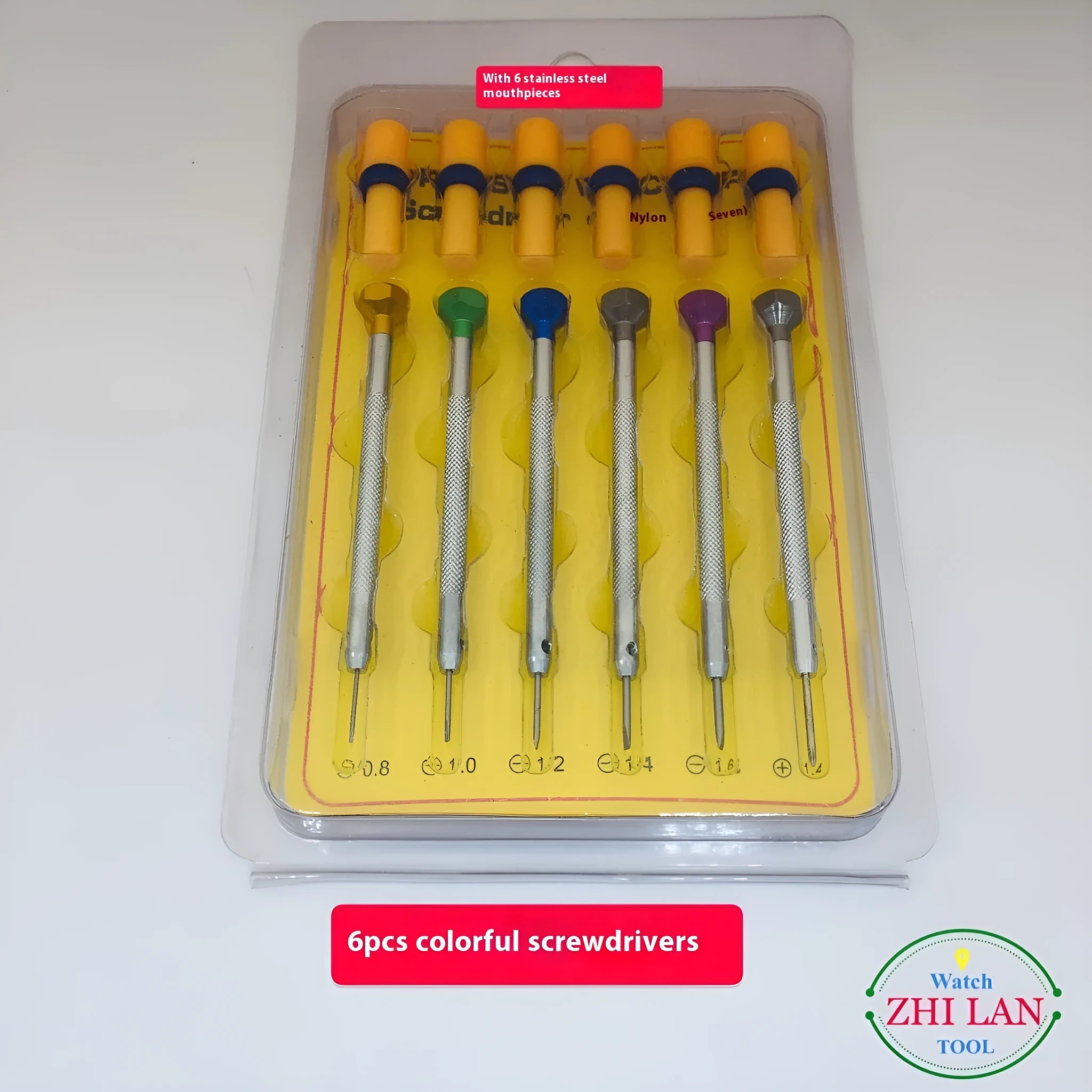 Six colour-coded watch repair screwdrivers with aluminium suits and copper handles
