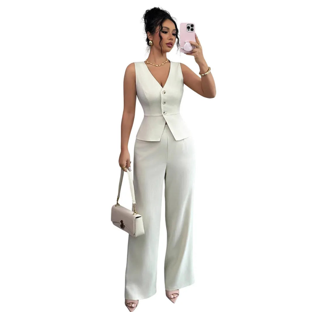 Women's sleeveless vest and high waist trousers two-piece set in solid colours, Japanese Korean casual style