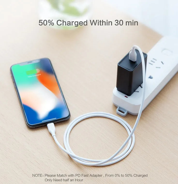 White braided USB-C to Lightning cable measuring 1 metre for iPhone and iPad charging